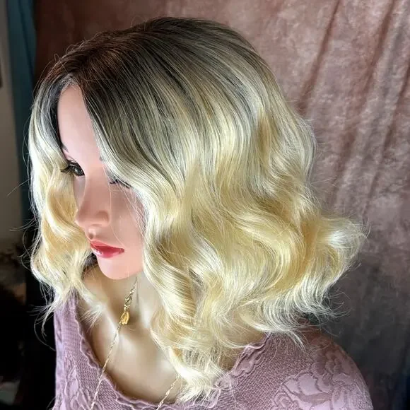 Blonde Ombre Wig Dark Roots Wavy - Picture 3 of 9